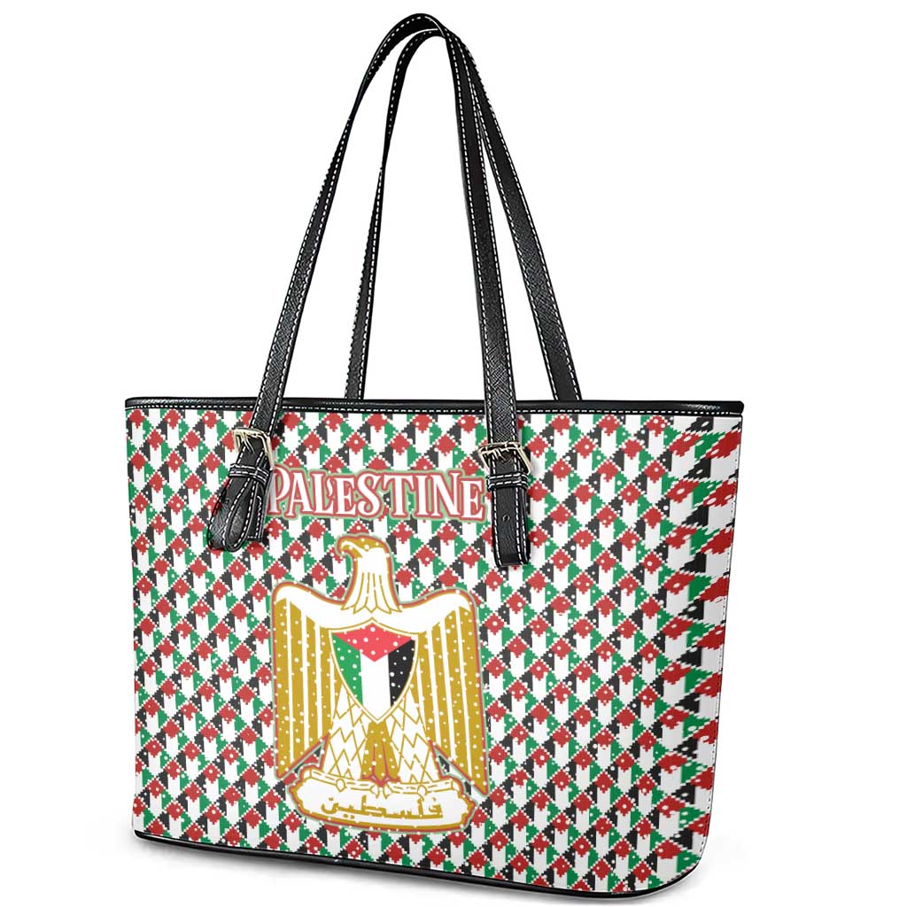 Palestine Christmas Leather Tote Bag with Red-Green Pattern, Golden Eagle Emblem, and Jesus Holding Flag Motif - Wonder Print Shop