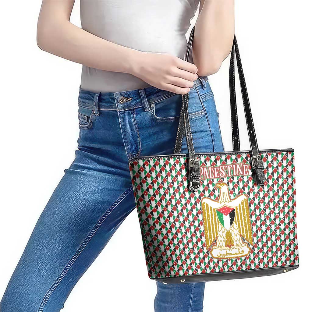 Palestine Christmas Leather Tote Bag with Red-Green Pattern, Golden Eagle Emblem, and Jesus Holding Flag Motif - Wonder Print Shop
