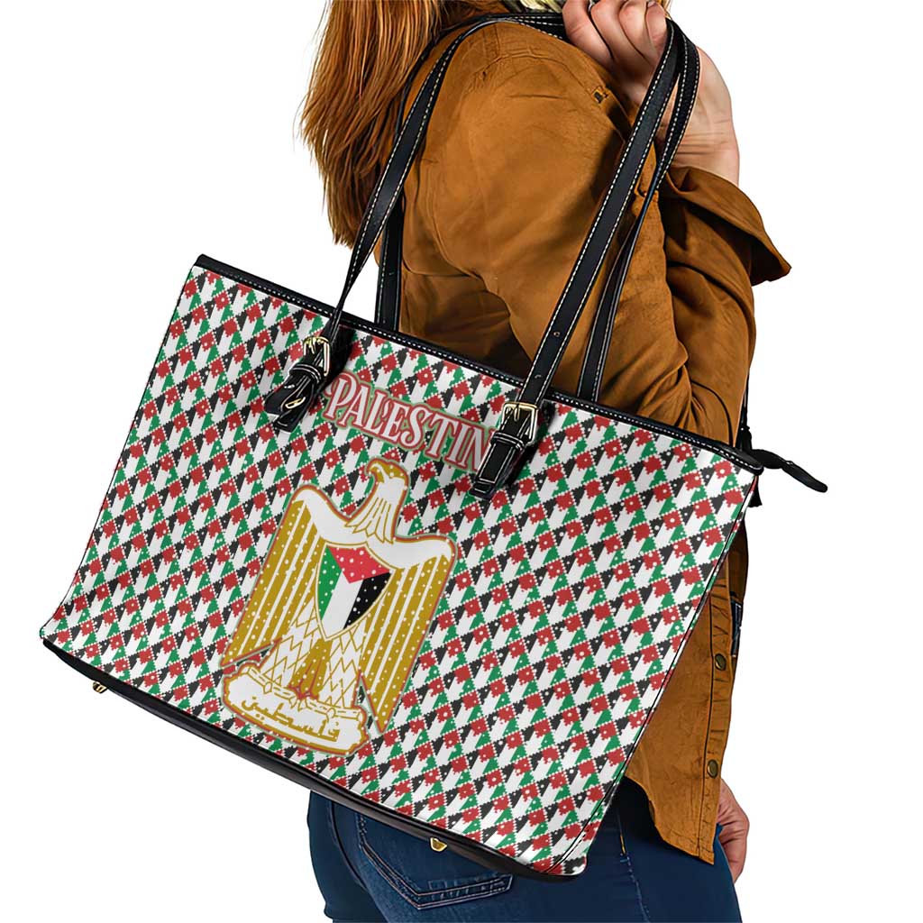 Palestine Christmas Leather Tote Bag with Red-Green Pattern, Golden Eagle Emblem, and Jesus Holding Flag Motif - Wonder Print Shop
