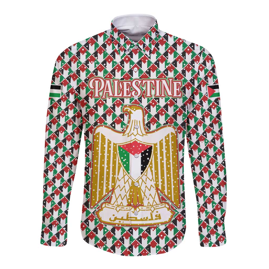Palestine Christmas Long Sleeve Button Shirt with Red-Green Pattern, Golden Eagle Emblem, and Jesus Holding Flag Motif - Wonder Print Shop