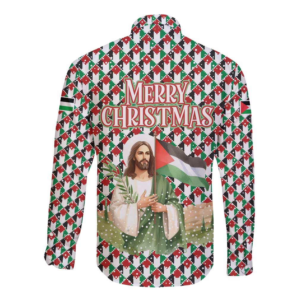 Palestine Christmas Long Sleeve Button Shirt with Red-Green Pattern, Golden Eagle Emblem, and Jesus Holding Flag Motif - Wonder Print Shop