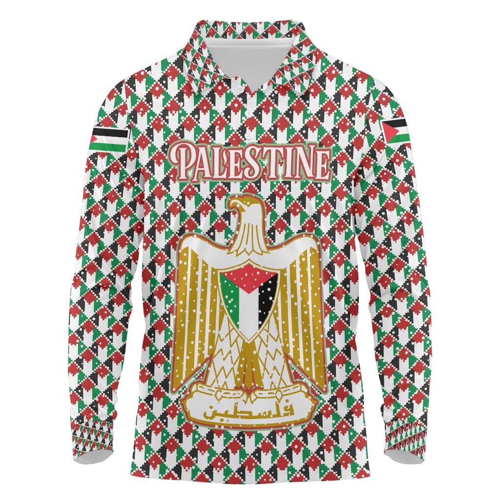 Palestine Christmas Long Sleeve Polo Shirt with Red-Green Pattern, Golden Eagle Emblem, and Jesus Holding Flag Motif - Wonder Print Shop