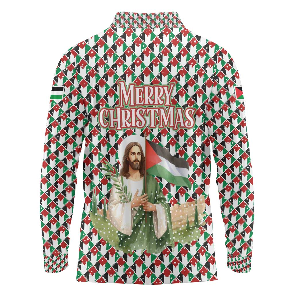 Palestine Christmas Long Sleeve Polo Shirt with Red-Green Pattern, Golden Eagle Emblem, and Jesus Holding Flag Motif - Wonder Print Shop