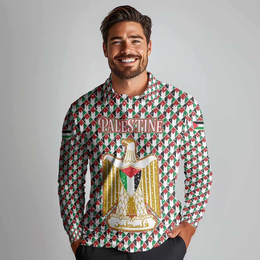 Palestine Christmas Long Sleeve Polo Shirt with Red-Green Pattern, Golden Eagle Emblem, and Jesus Holding Flag Motif - Wonder Print Shop