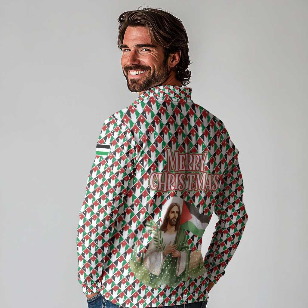 Palestine Christmas Long Sleeve Polo Shirt with Red-Green Pattern, Golden Eagle Emblem, and Jesus Holding Flag Motif - Wonder Print Shop