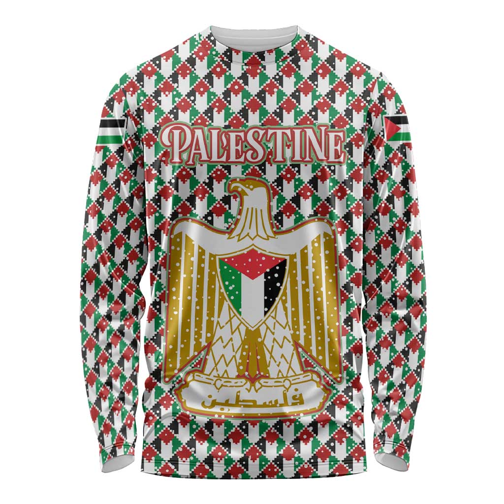 Palestine Christmas Long Sleeve Shirt with Red-Green Pattern, Golden Eagle Emblem, and Jesus Holding Flag Motif - Wonder Print Shop