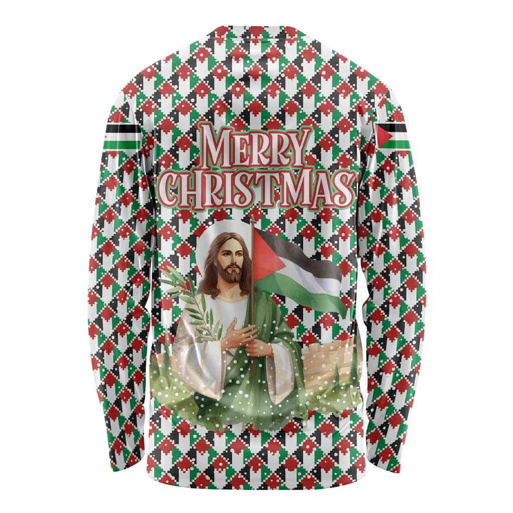 Palestine Christmas Long Sleeve Shirt with Red-Green Pattern, Golden Eagle Emblem, and Jesus Holding Flag Motif - Wonder Print Shop