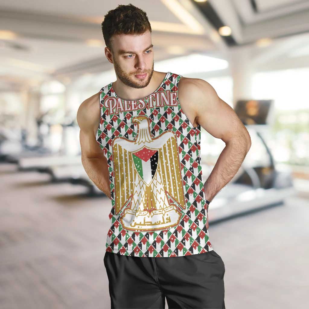 Palestine Christmas Men Tank Top with Red-Green Pattern, Golden Eagle Emblem, and Jesus Holding Flag Motif - Wonder Print Shop