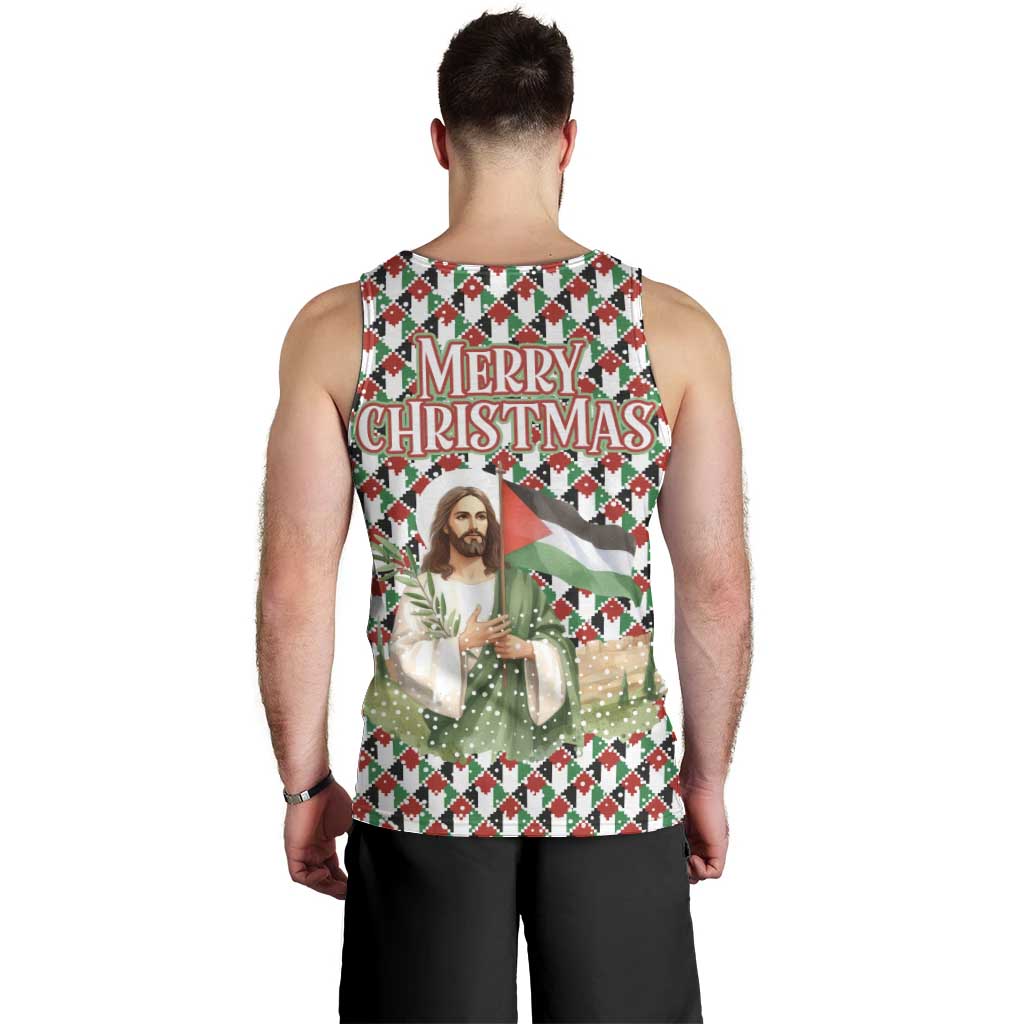 Palestine Christmas Men Tank Top with Red-Green Pattern, Golden Eagle Emblem, and Jesus Holding Flag Motif - Wonder Print Shop