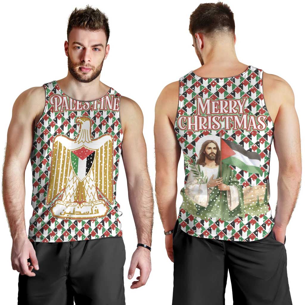 Palestine Christmas Men Tank Top with Red-Green Pattern, Golden Eagle Emblem, and Jesus Holding Flag Motif - Wonder Print Shop