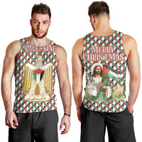 Palestine Christmas Men Tank Top with Red-Green Pattern, Golden Eagle Emblem, and Jesus Holding Flag Motif - Wonder Print Shop
