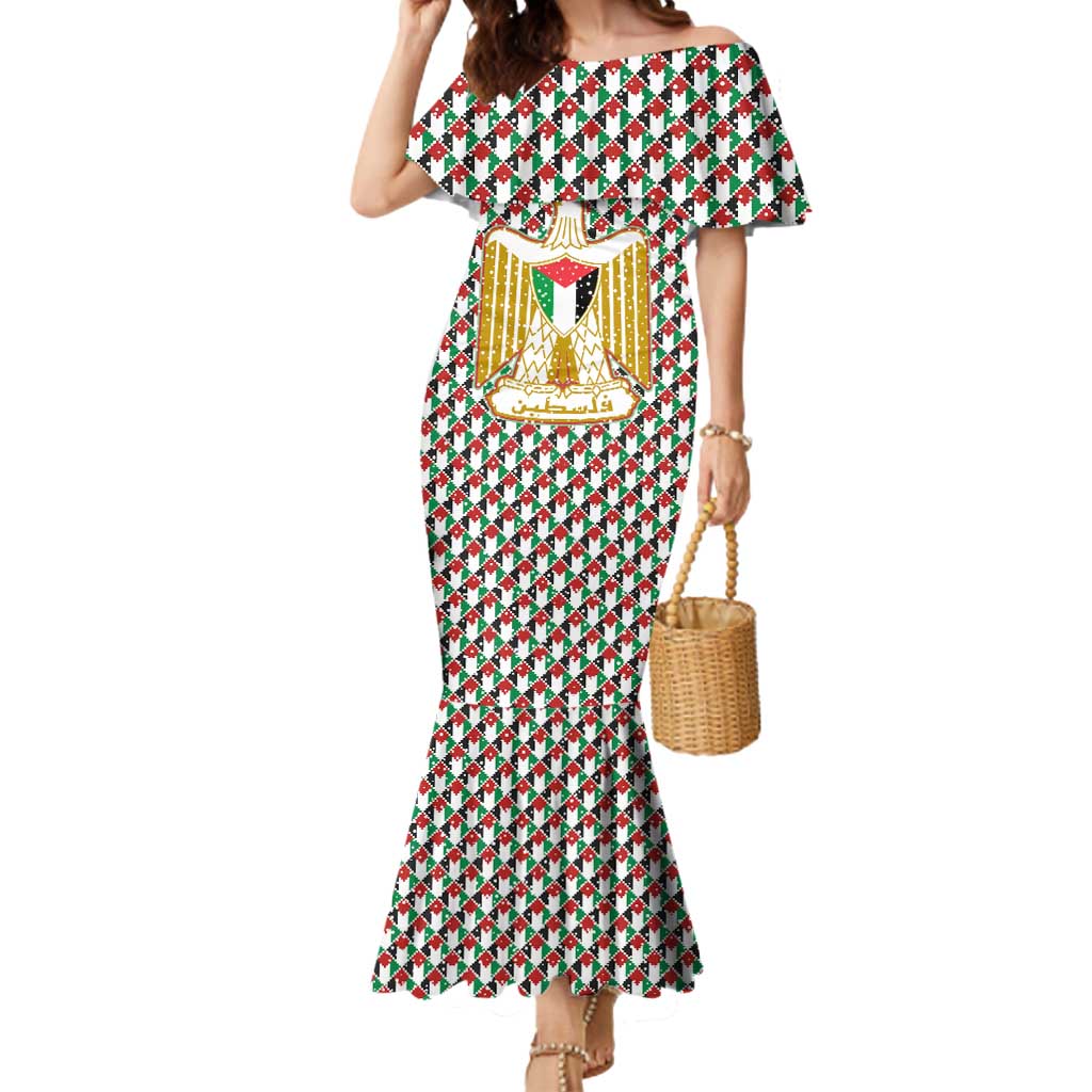 Palestine Christmas Mermaid Dress with Red-Green Pattern, Golden Eagle Emblem, and Jesus Holding Flag Motif - Wonder Print Shop