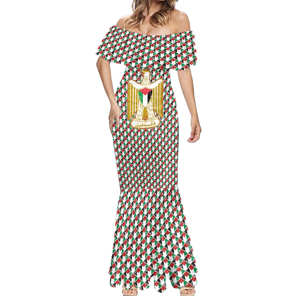 Palestine Christmas Mermaid Dress with Red-Green Pattern, Golden Eagle Emblem, and Jesus Holding Flag Motif - Wonder Print Shop