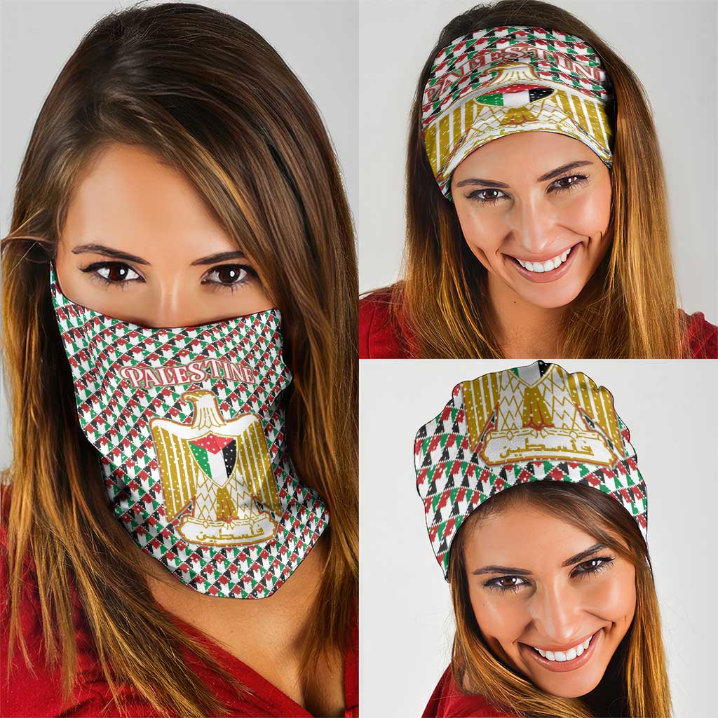 Palestine Christmas Neck Gaiter with Red-Green Pattern, Golden Eagle Emblem, and Jesus Holding Flag Motif - Wonder Print Shop