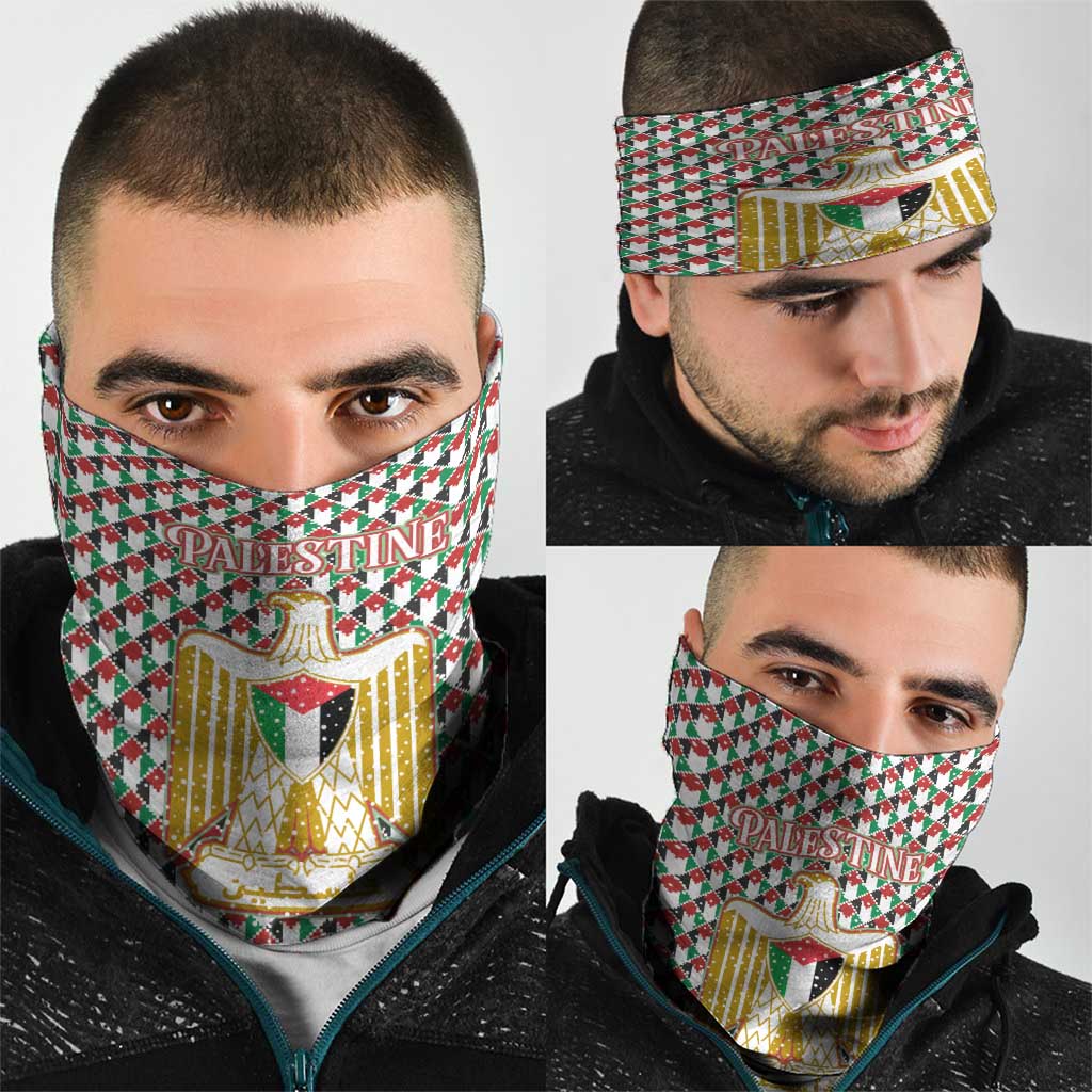 Palestine Christmas Neck Gaiter with Red-Green Pattern, Golden Eagle Emblem, and Jesus Holding Flag Motif - Wonder Print Shop