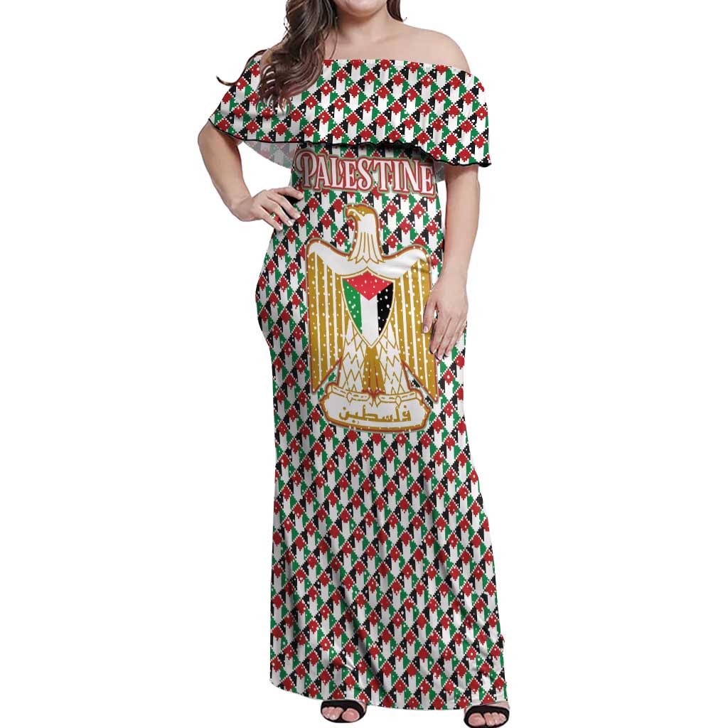 Palestine Christmas Off Shoulder Maxi Dress with Red-Green Pattern, Golden Eagle Emblem, and Jesus Holding Flag Motif - Wonder Print Shop
