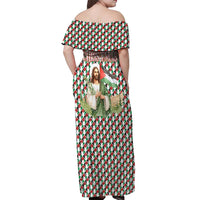 Palestine Christmas Off Shoulder Maxi Dress with Red-Green Pattern, Golden Eagle Emblem, and Jesus Holding Flag Motif - Wonder Print Shop