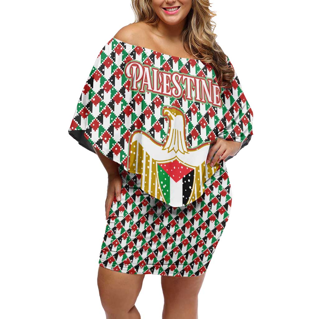 Palestine Christmas Off Shoulder Short Dress with Red-Green Pattern, Golden Eagle Emblem, and Jesus Holding Flag Motif - Wonder Print Shop