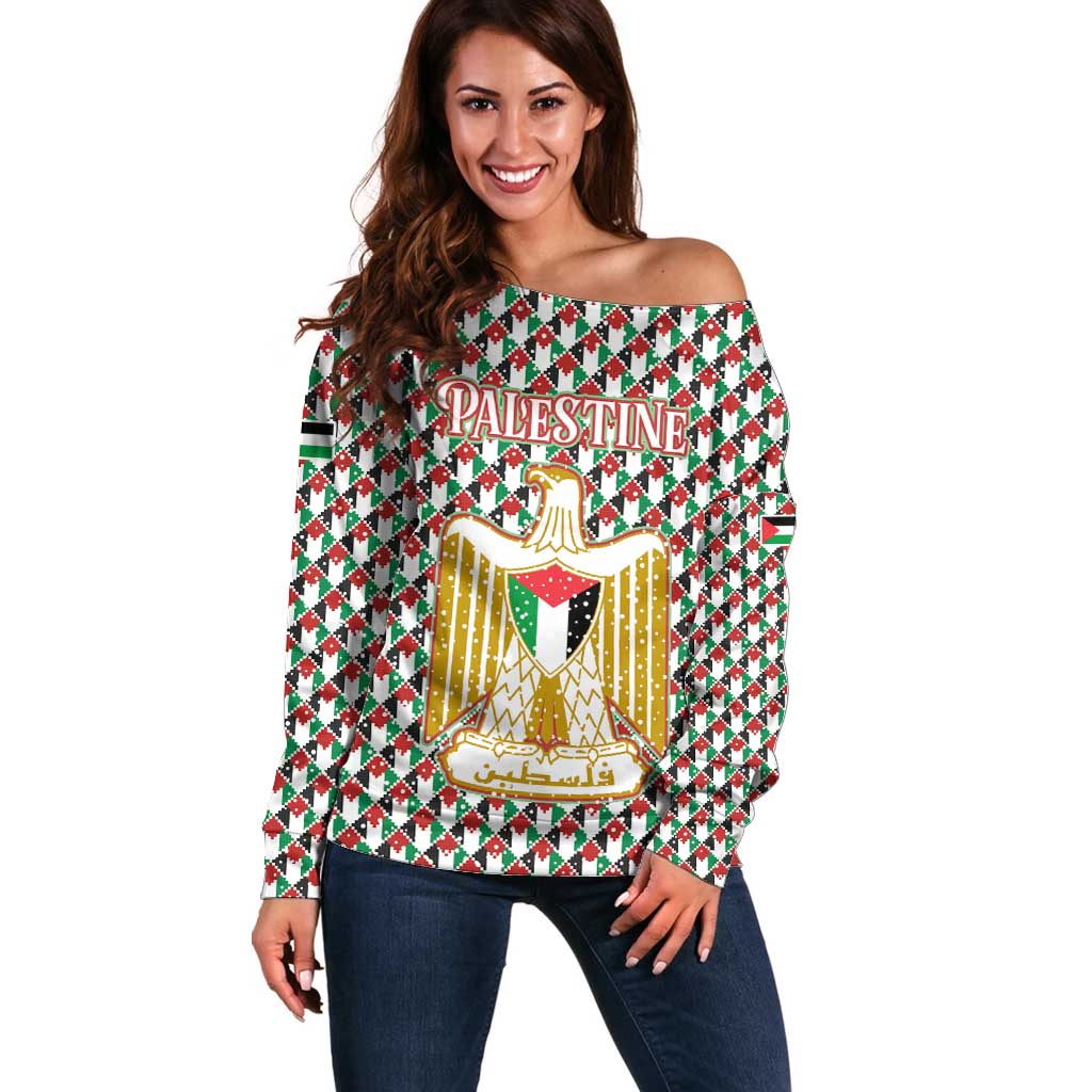 Palestine Christmas Off Shoulder Sweater with Red-Green Pattern, Golden Eagle Emblem, and Jesus Holding Flag Motif - Wonder Print Shop