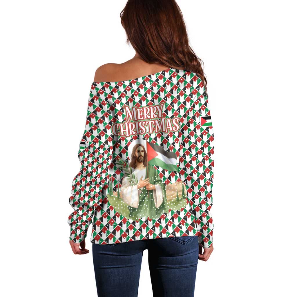 Palestine Christmas Off Shoulder Sweater with Red-Green Pattern, Golden Eagle Emblem, and Jesus Holding Flag Motif - Wonder Print Shop