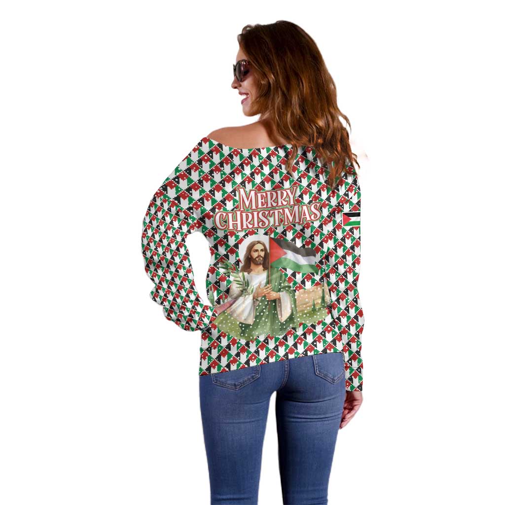 Palestine Christmas Off Shoulder Sweater with Red-Green Pattern, Golden Eagle Emblem, and Jesus Holding Flag Motif - Wonder Print Shop