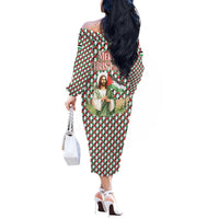Palestine Christmas Off The Shoulder Long Sleeve Dress with Red-Green Pattern, Golden Eagle Emblem, and Jesus Holding Flag Motif - Wonder Print Shop