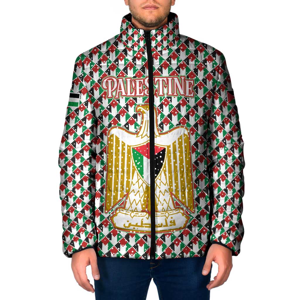 Palestine Christmas Padded Jacket with Red-Green Pattern, Golden Eagle Emblem, and Jesus Holding Flag Motif - Wonder Print Shop