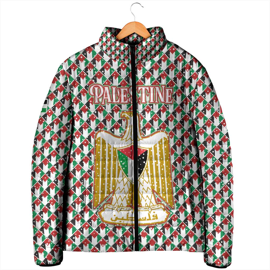 Palestine Christmas Padded Jacket with Red-Green Pattern, Golden Eagle Emblem, and Jesus Holding Flag Motif - Wonder Print Shop