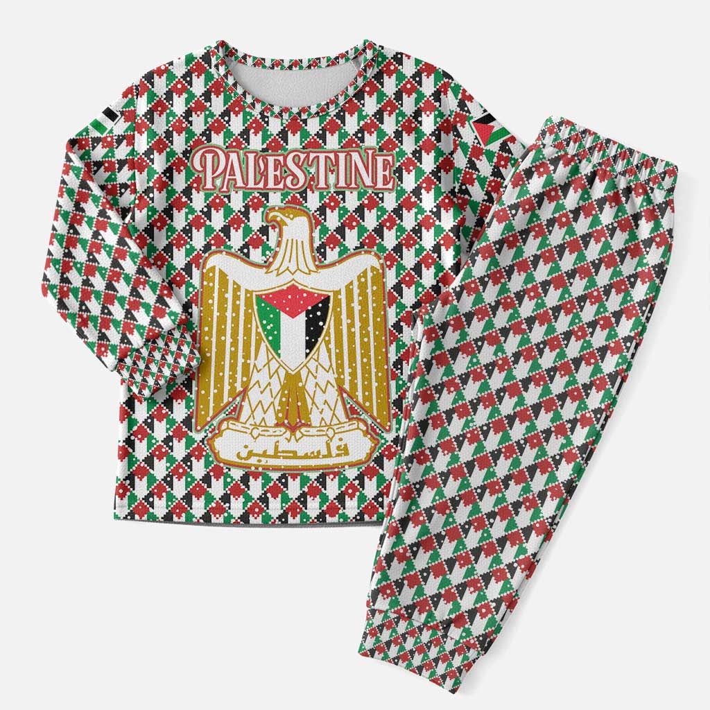 Palestine Christmas Pajama Set with Red-Green Pattern, Golden Eagle Emblem, and Jesus Holding Flag Motif - Wonder Print Shop