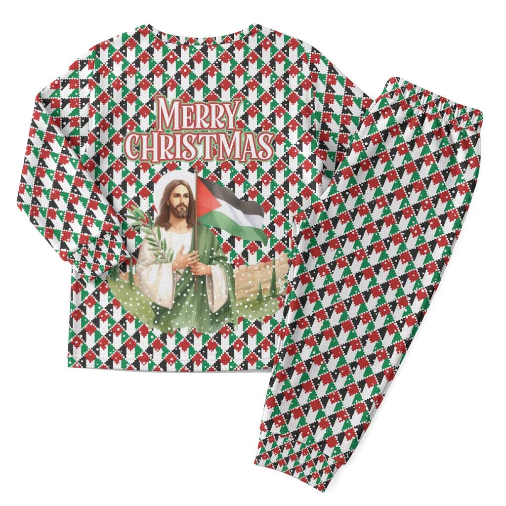 Palestine Christmas Pajama Set with Red-Green Pattern, Golden Eagle Emblem, and Jesus Holding Flag Motif - Wonder Print Shop