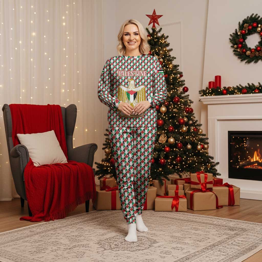 Palestine Christmas Pajama Set with Red-Green Pattern, Golden Eagle Emblem, and Jesus Holding Flag Motif - Wonder Print Shop