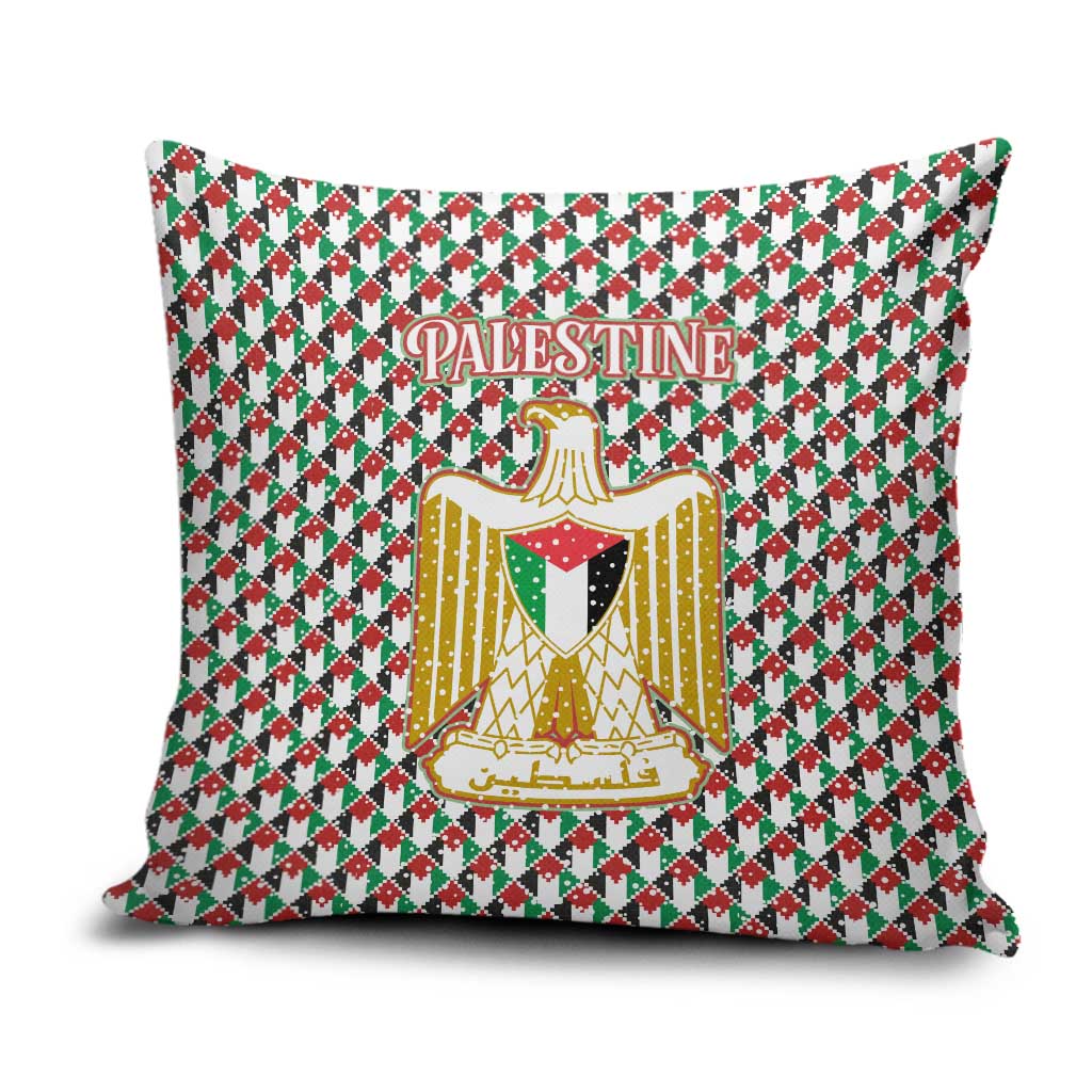 Palestine Christmas Pillow Cover with Red-Green Pattern, Golden Eagle Emblem, and Jesus Holding Flag Motif - Wonder Print Shop