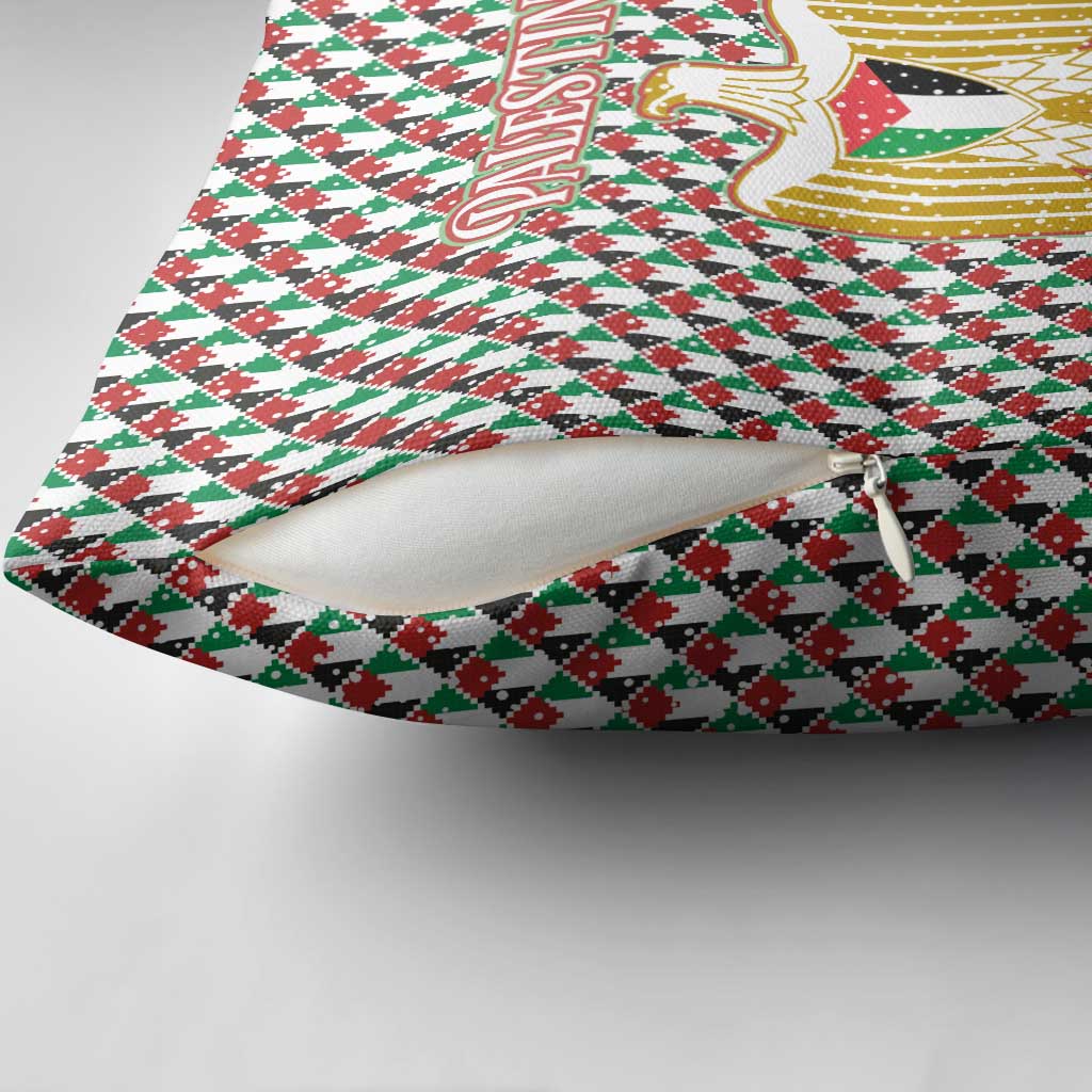 Palestine Christmas Pillow Cover with Red-Green Pattern, Golden Eagle Emblem, and Jesus Holding Flag Motif - Wonder Print Shop