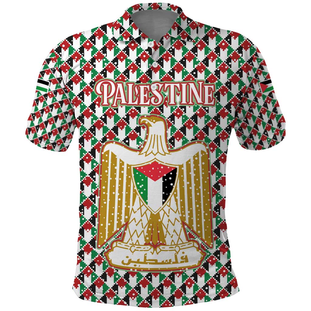 Palestine Christmas Polo Shirt with Red-Green Pattern, Golden Eagle Emblem, and Jesus Holding Flag Motif - Wonder Print Shop