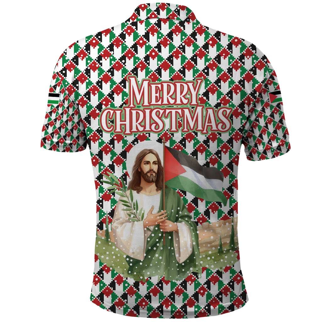 Palestine Christmas Polo Shirt with Red-Green Pattern, Golden Eagle Emblem, and Jesus Holding Flag Motif - Wonder Print Shop