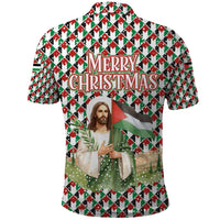 Palestine Christmas Polo Shirt with Red-Green Pattern, Golden Eagle Emblem, and Jesus Holding Flag Motif - Wonder Print Shop