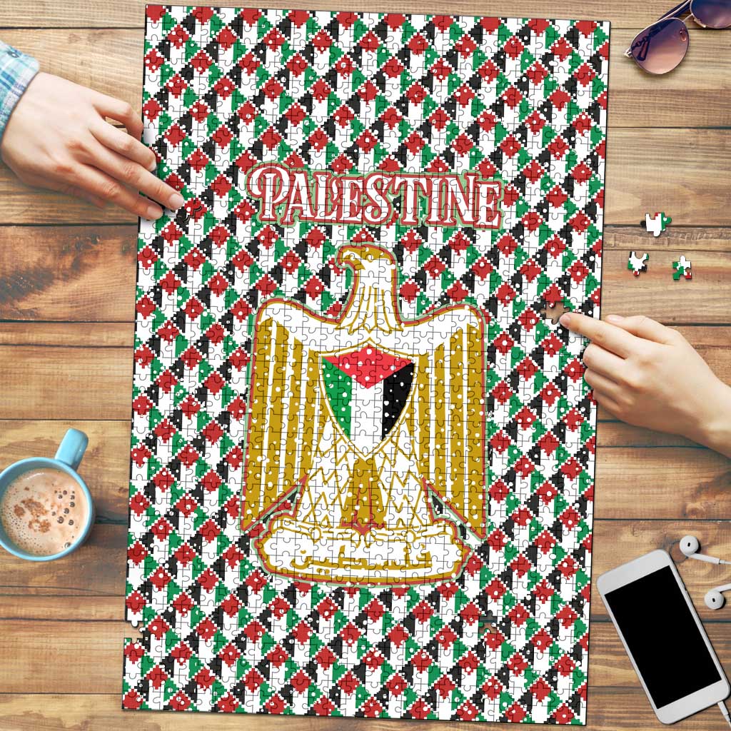 Palestine Christmas Puzzle with Red-Green Pattern, Golden Eagle Emblem, and Jesus Holding Flag Motif - Wonder Print Shop