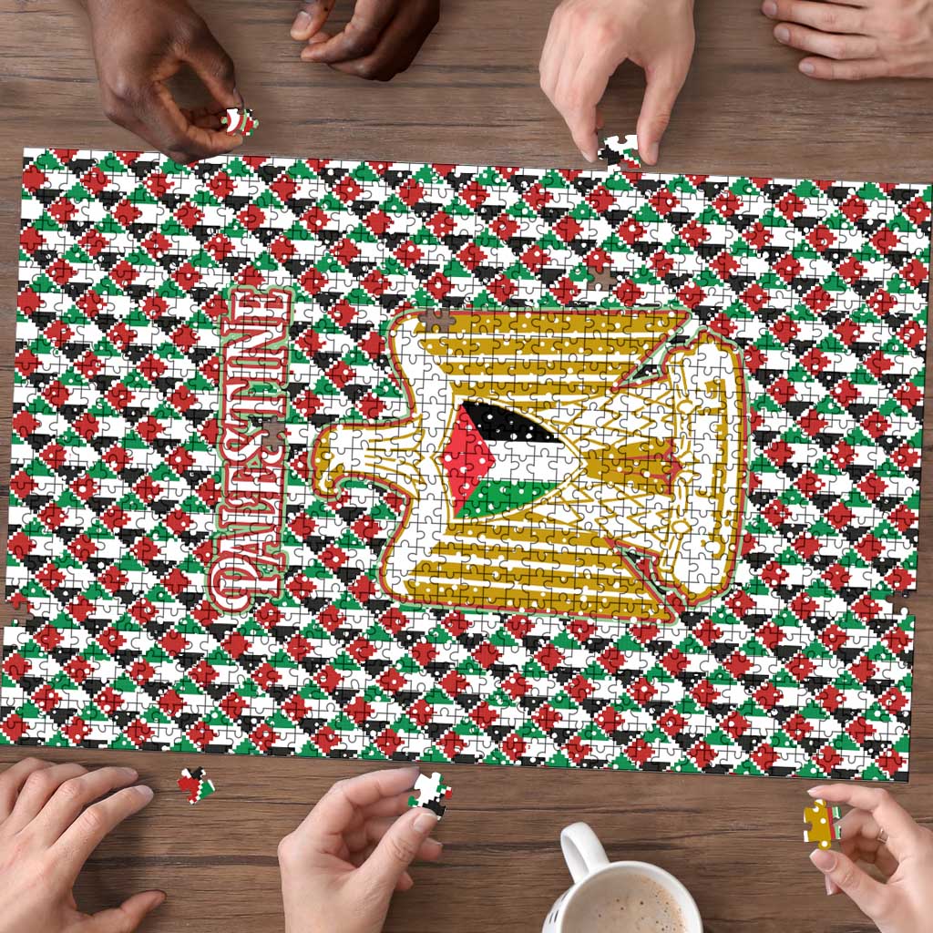 Palestine Christmas Puzzle with Red-Green Pattern, Golden Eagle Emblem, and Jesus Holding Flag Motif - Wonder Print Shop