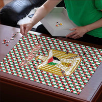 Palestine Christmas Puzzle with Red-Green Pattern, Golden Eagle Emblem, and Jesus Holding Flag Motif - Wonder Print Shop