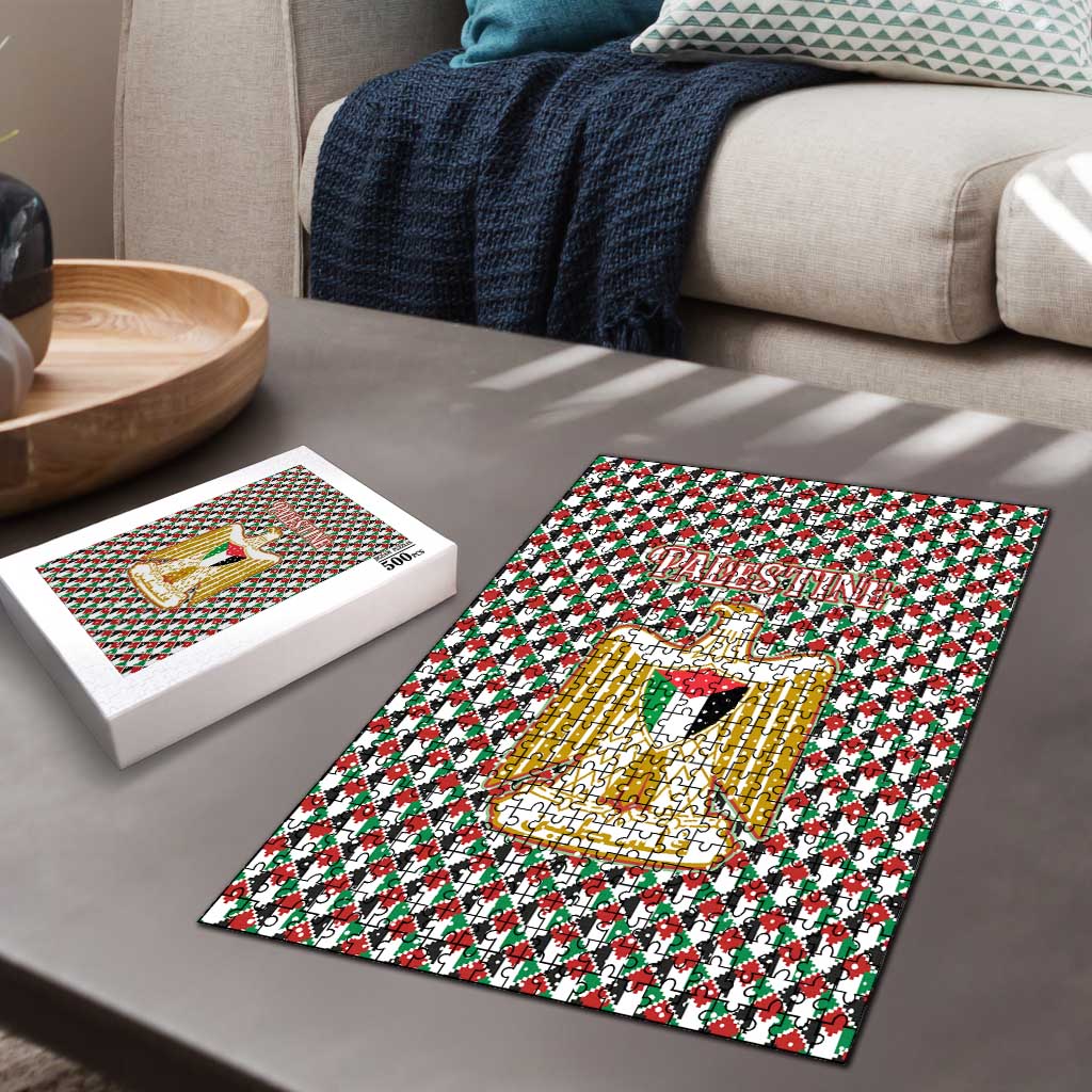 Palestine Christmas Puzzle with Red-Green Pattern, Golden Eagle Emblem, and Jesus Holding Flag Motif - Wonder Print Shop