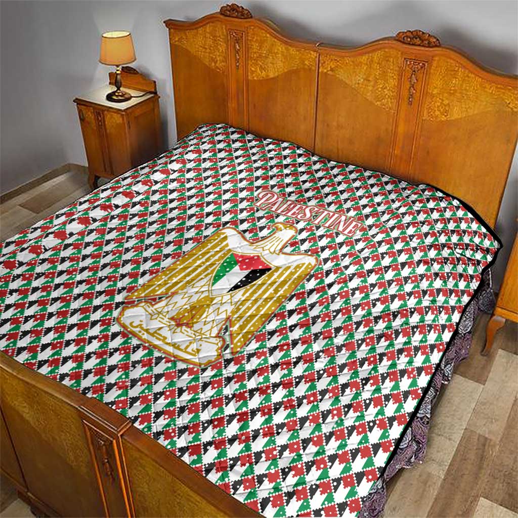 Palestine Christmas Quilt with Red-Green Pattern, Golden Eagle Emblem, and Jesus Holding Flag Motif - Wonder Print Shop
