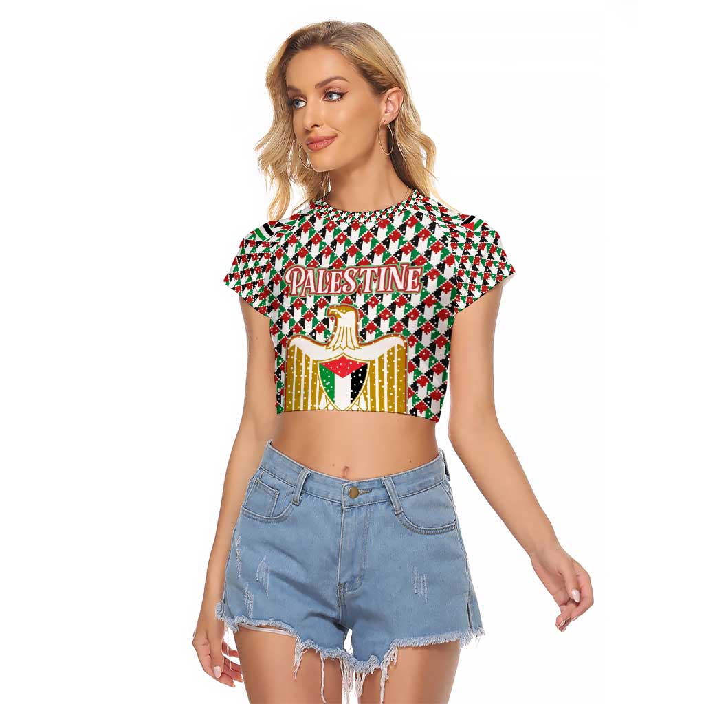 Palestine Christmas Raglan Cropped T Shirt with Red-Green Pattern, Golden Eagle Emblem, and Jesus Holding Flag Motif - Wonder Print Shop