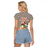 Palestine Christmas Raglan Cropped T Shirt with Red-Green Pattern, Golden Eagle Emblem, and Jesus Holding Flag Motif - Wonder Print Shop
