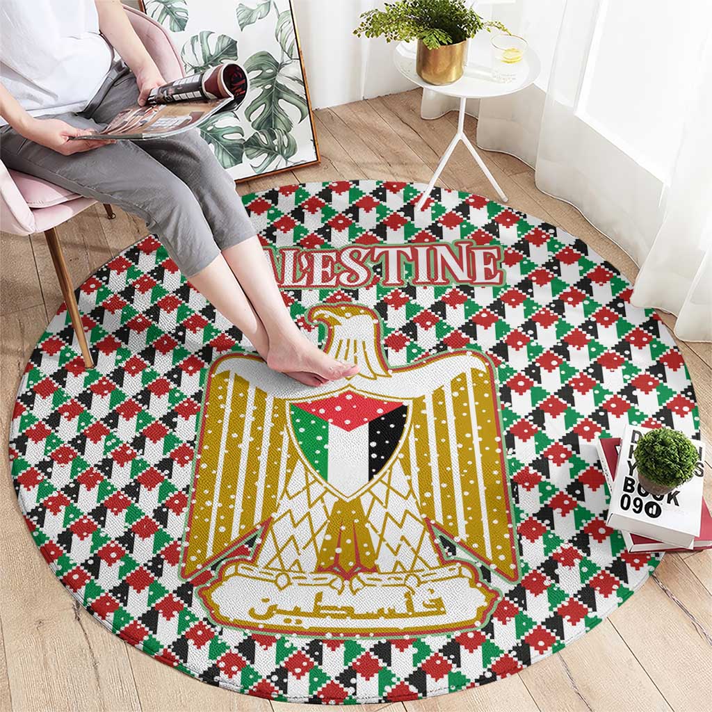 Palestine Christmas Round Carpet with Red-Green Pattern, Golden Eagle Emblem, and Jesus Holding Flag Motif - Wonder Print Shop
