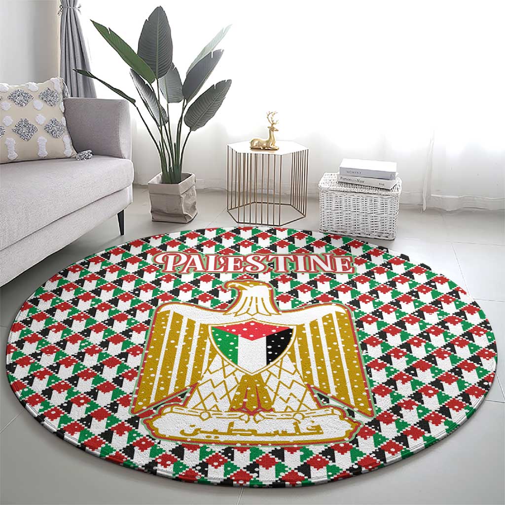 Palestine Christmas Round Carpet with Red-Green Pattern, Golden Eagle Emblem, and Jesus Holding Flag Motif - Wonder Print Shop