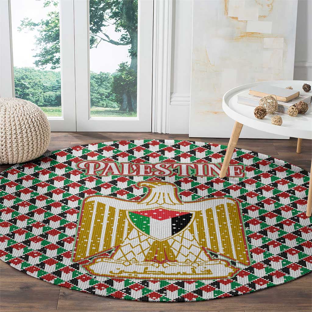 Palestine Christmas Round Carpet with Red-Green Pattern, Golden Eagle Emblem, and Jesus Holding Flag Motif - Wonder Print Shop