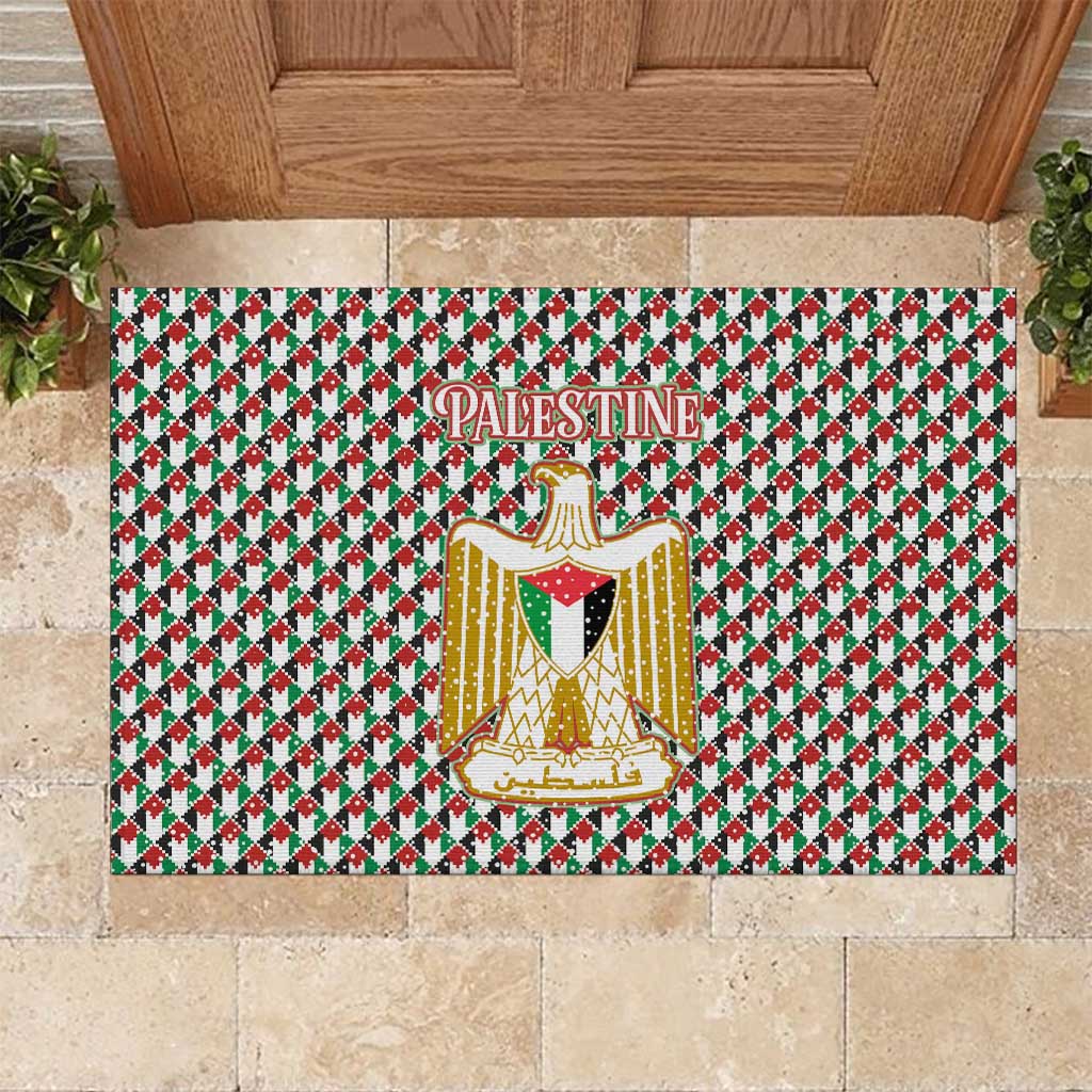 Palestine Christmas Rubber Doormat with Red-Green Pattern, Golden Eagle Emblem, and Jesus Holding Flag Motif - Wonder Print Shop