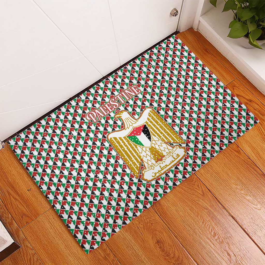 Palestine Christmas Rubber Doormat with Red-Green Pattern, Golden Eagle Emblem, and Jesus Holding Flag Motif - Wonder Print Shop
