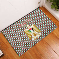 Palestine Christmas Rubber Doormat with Red-Green Pattern, Golden Eagle Emblem, and Jesus Holding Flag Motif - Wonder Print Shop