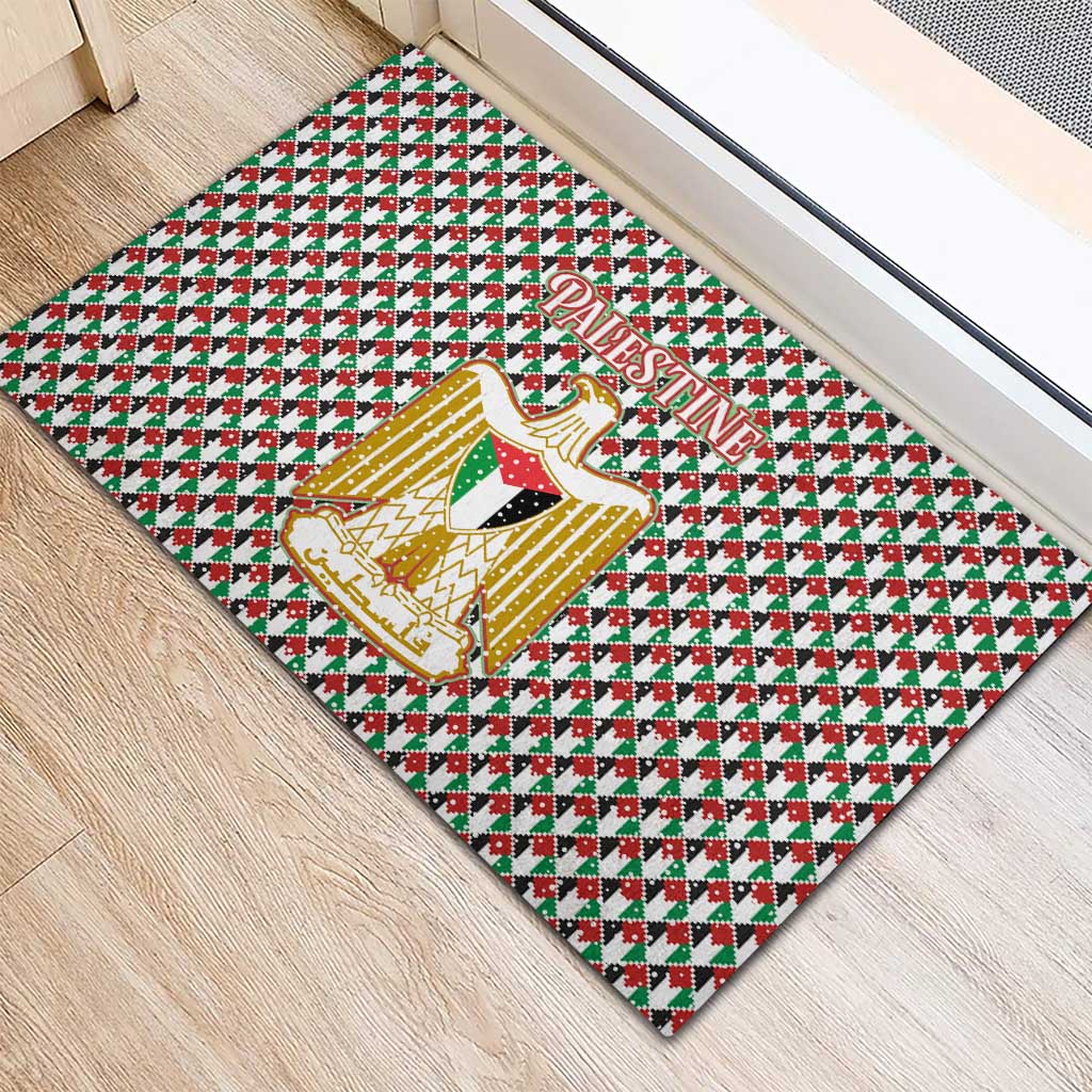 Palestine Christmas Rubber Doormat with Red-Green Pattern, Golden Eagle Emblem, and Jesus Holding Flag Motif - Wonder Print Shop